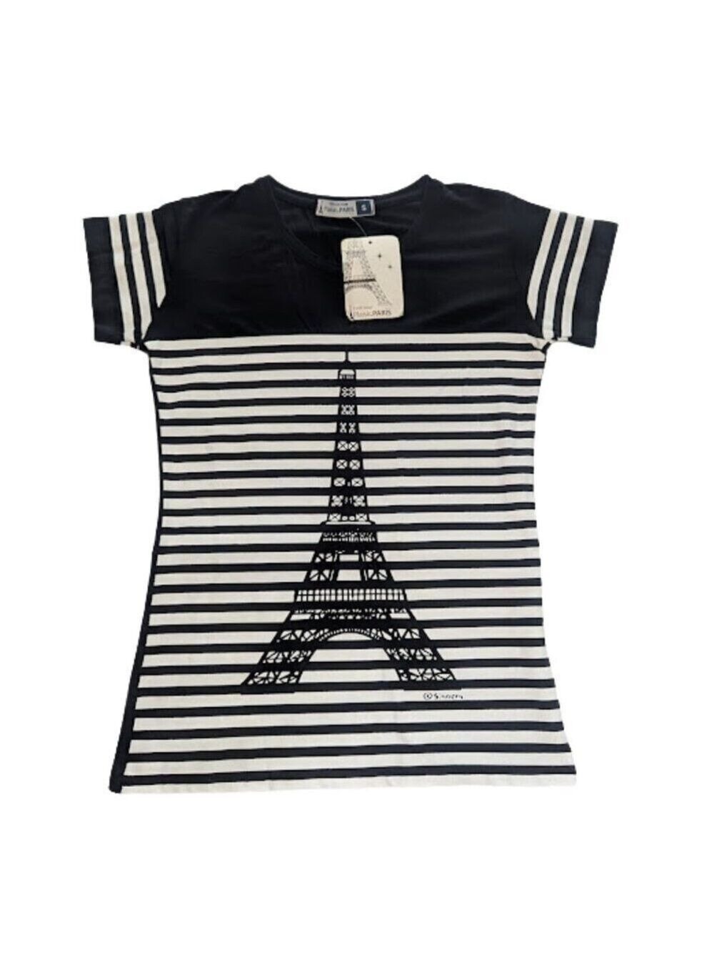 NWT Plaisir De Paris Eiffel Tower Striped Tee Black/White * Size S